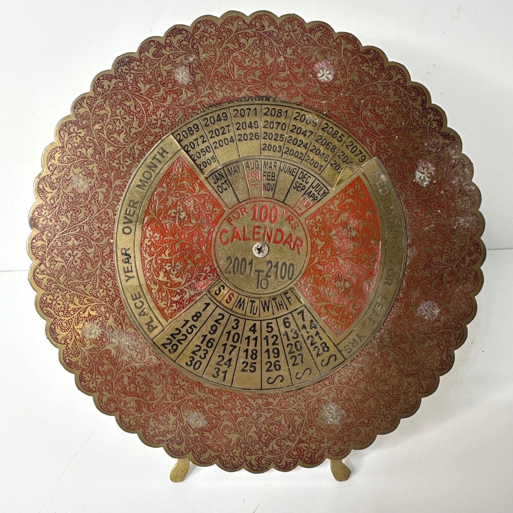 Vintage Brass 100 Year Perpetual Calendar 2001-2100 India Turnable Plate Boho